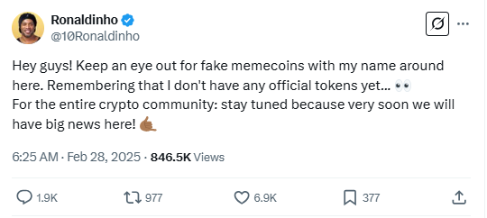 罗纳尔迪尼奥：即将发布加密相关“重大消息”，警惕本人同名虚假Meme币