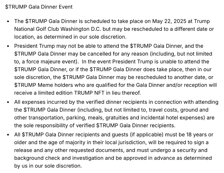 $TRUMP Gala晚宴细则：若取消或特朗普缺席，持有者将获赠限量NFT