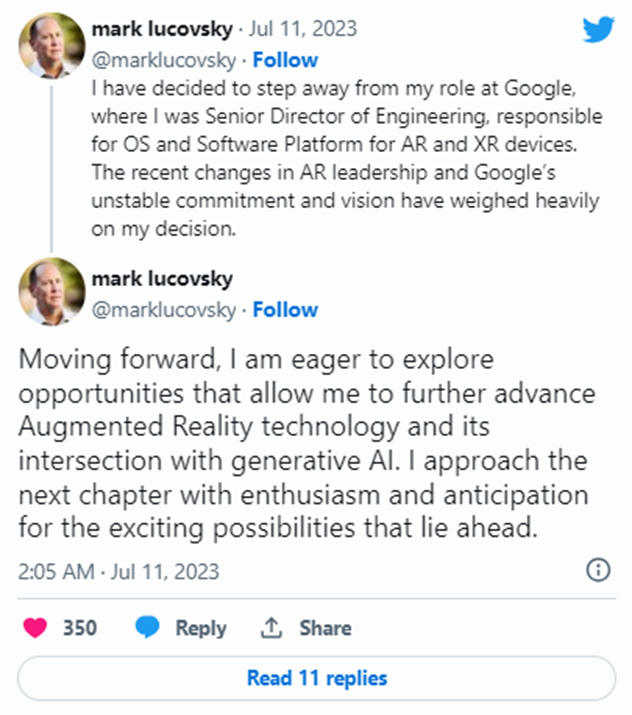 谷歌AR業務唱起“涼涼”？軟件團隊負責人周一宣布離職