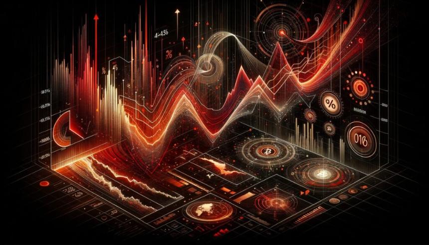 抽象数字金融市场崩溃可视化,带红色下行趋势线和百分比指标