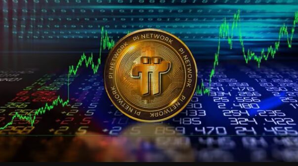 Pi Network硬币在数字图表背景上显示出价格上涨趋势