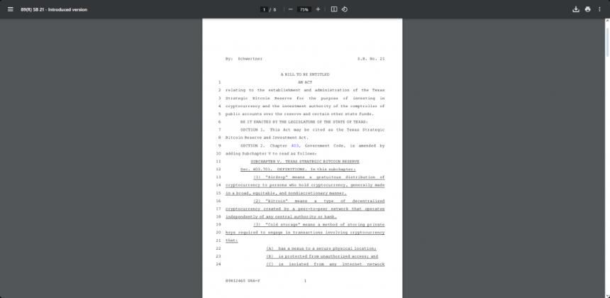 德克薩斯戰略比特幣儲備 bill text